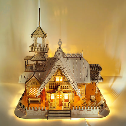 Prachtige 3D Houten LED Villa Puzzel - Voeg Charme toe aan uw Huis en Verrijk uw Geschenkideeën